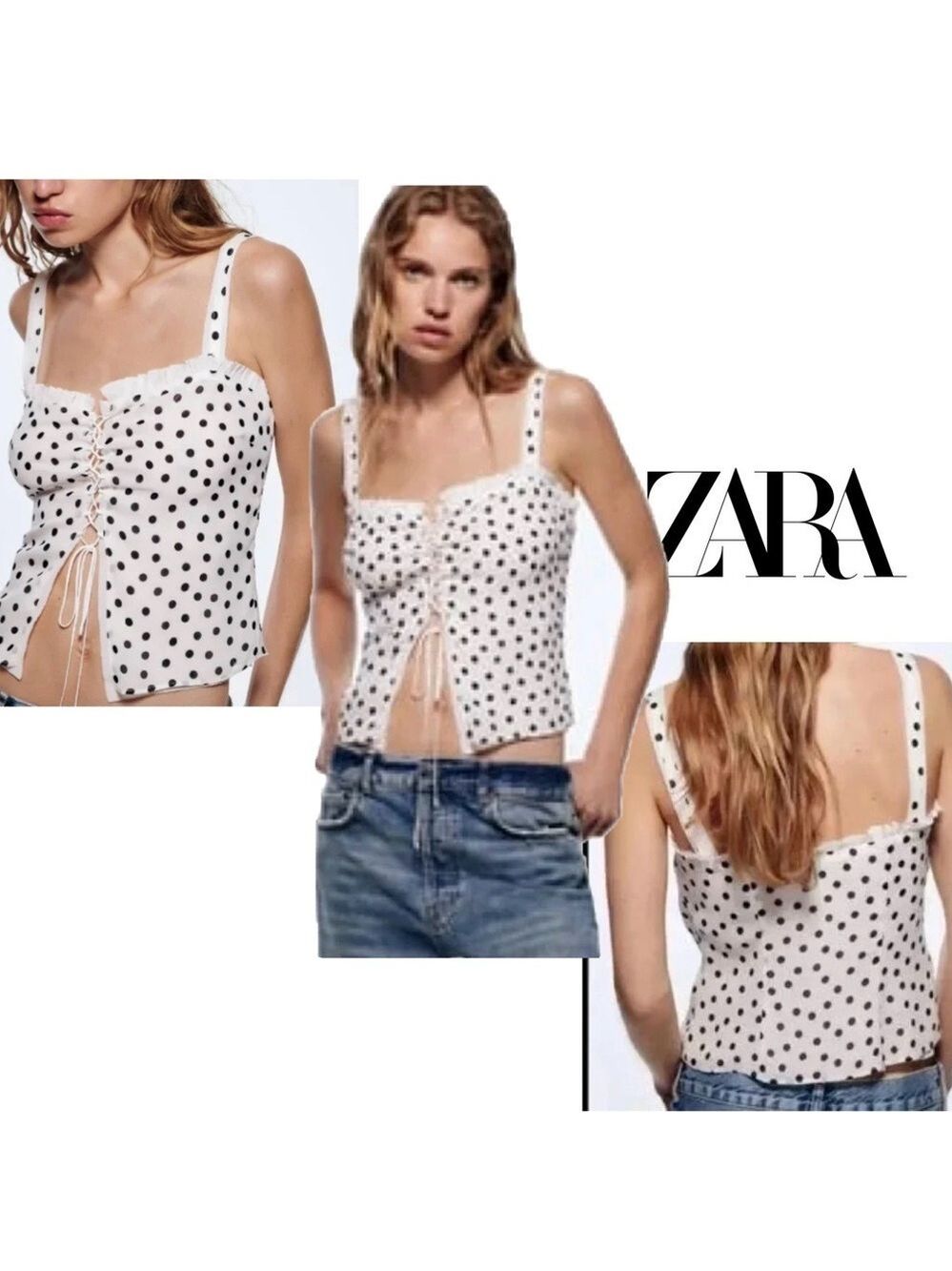 Zara studio collection white black polkadot camisole tank top lace up front Sz L